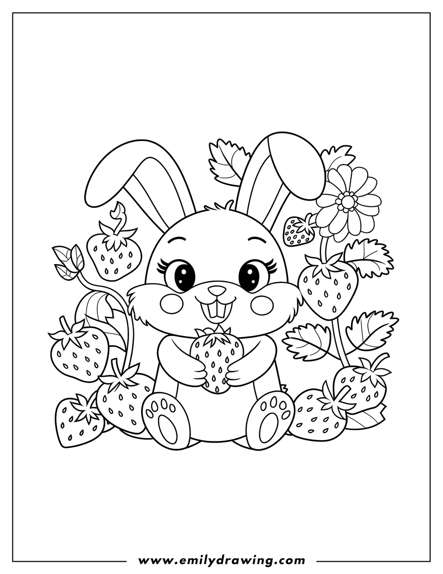Outline of a bunny holding a strawberry, surrounded by strawberry plants and a flower.