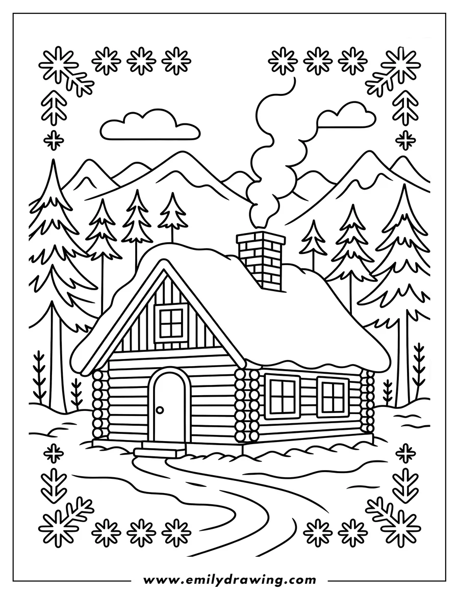 Outline of a cozy cabin nestled in a snowy winter forest. Smoke rises from its chimney, and snow covers the roof and surrounding landscape.