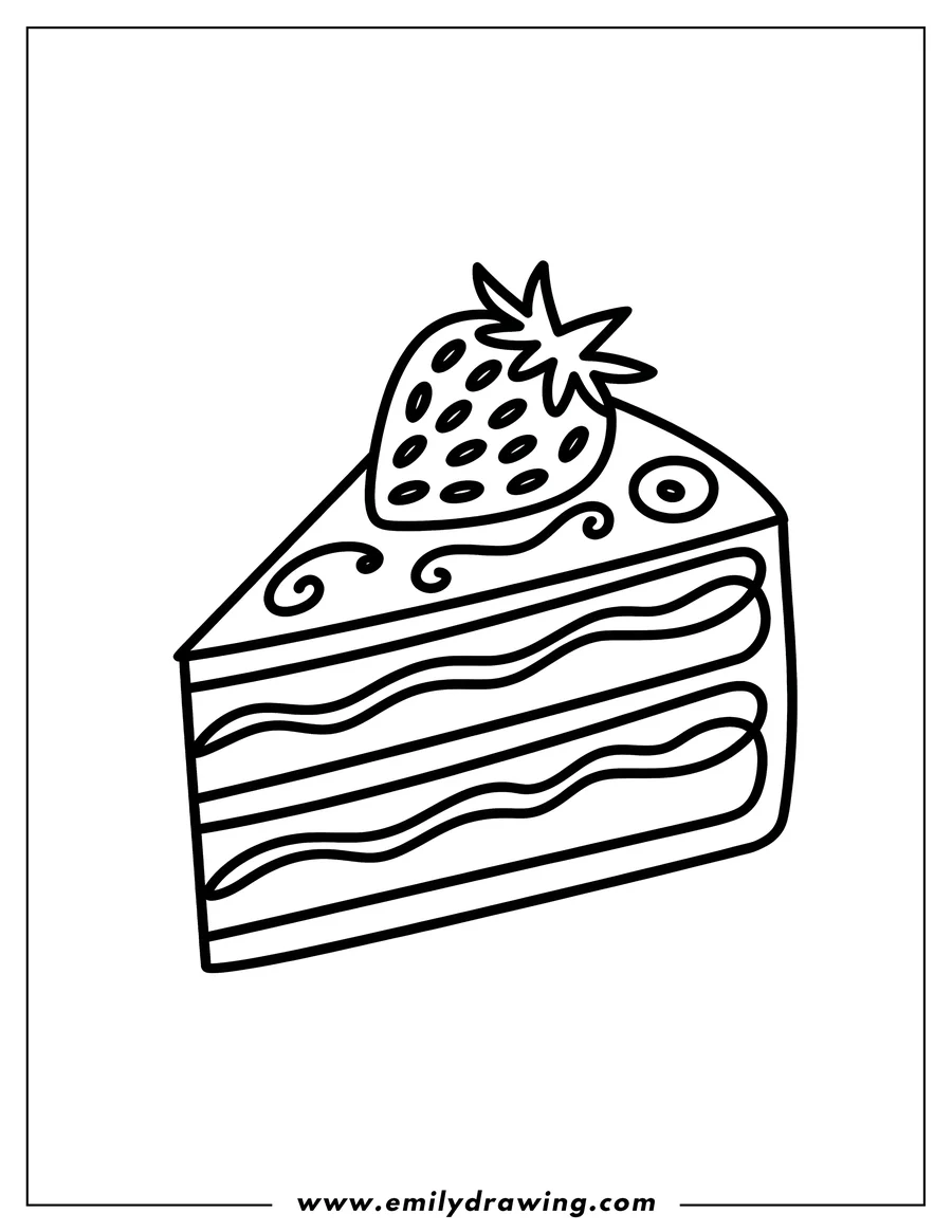 Outline of a slice of cake with frosting swirls and a strawberry on top.