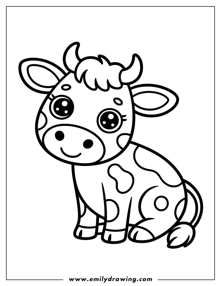 Outline of a calf sitting and resting. It has large, expressive eyes and small horns.