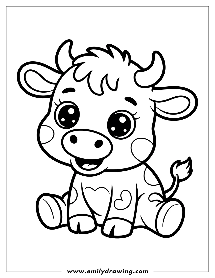 Outline of a calf sitting with a happy expression.