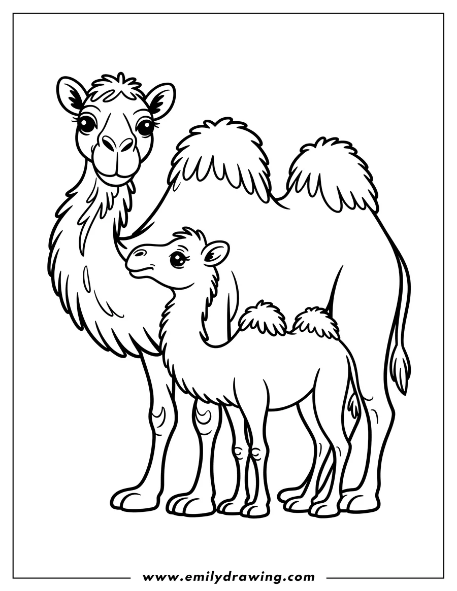 Outline of a mother camel and her baby camel standing together.