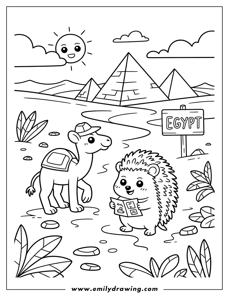 Line art of a camel and hedgehog in Egypt. The camel wears a hat and the hedgehog holds a map near a sign that says Egypt. Pyramids are in the background.