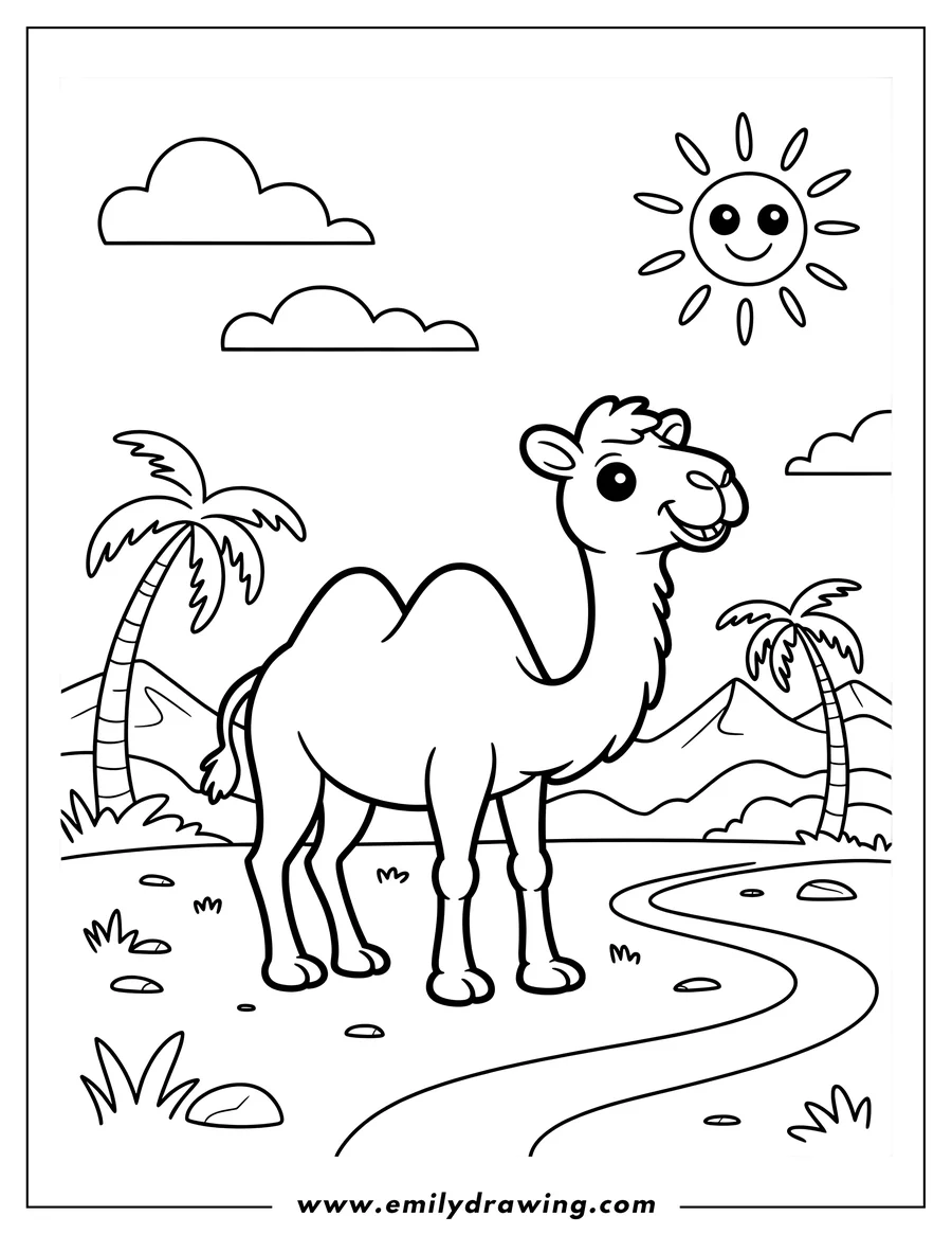 Outline of a camel standing near a small stream in a desert landscape with palm trees, hills, and a smiling sun.