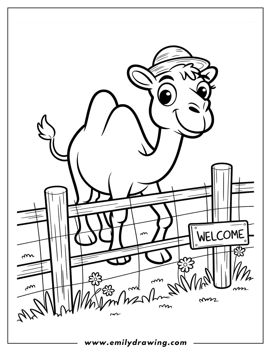 Outline of a friendly camel wearing a hat, standing next to a wooden fence with a 'Welcome' sign and small flowers.