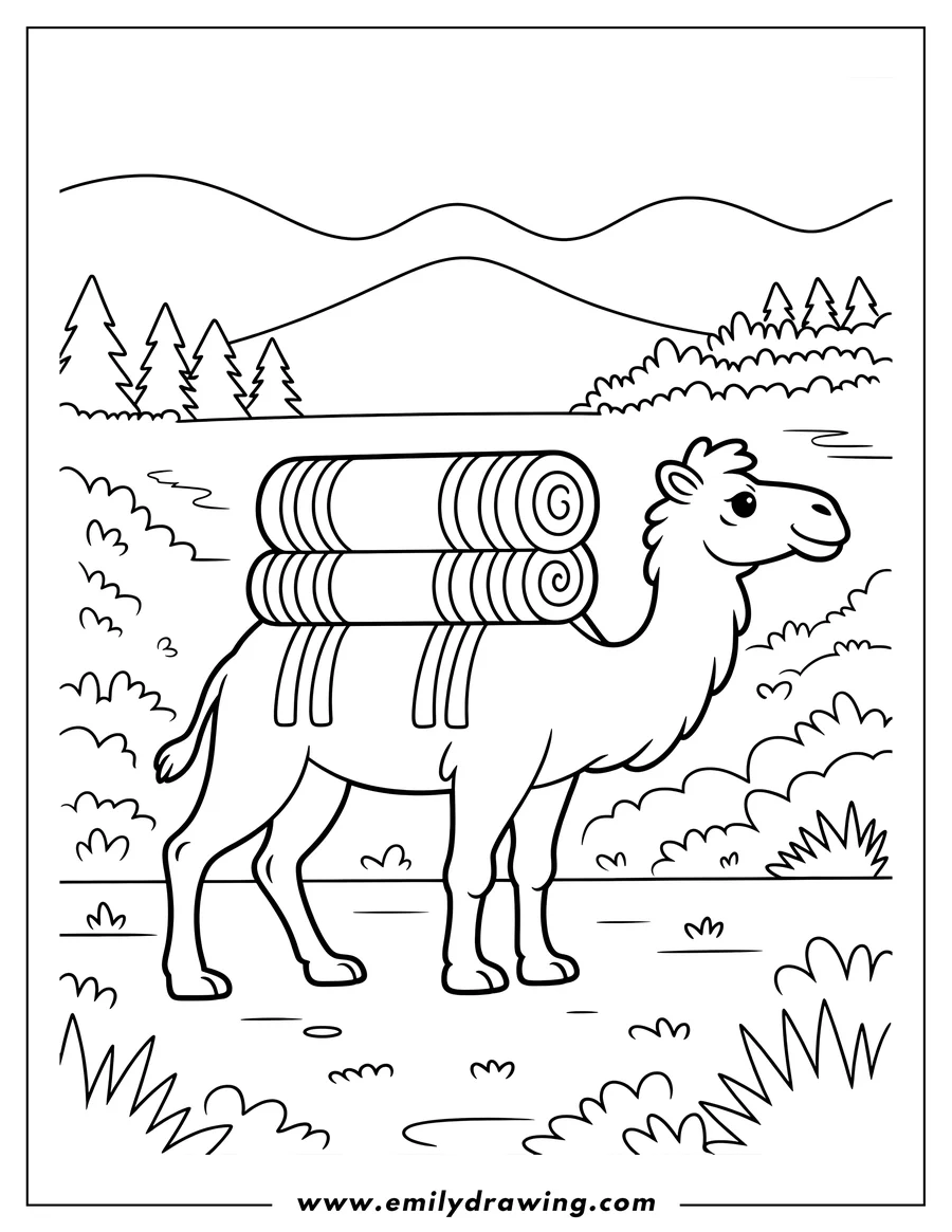 Outline of a camel carrying rolled-up supplies on its back in a simple desert landscape.