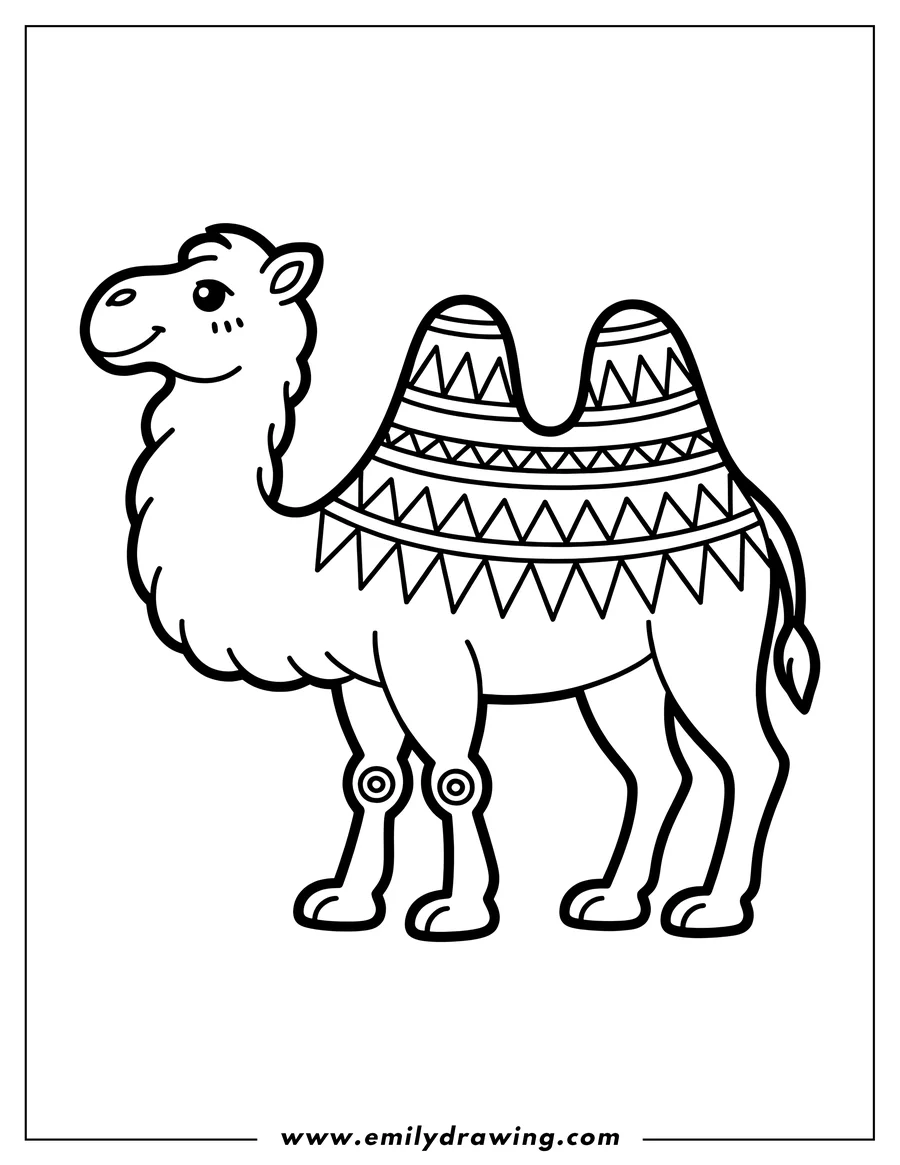 Line art of a camel with patterned blanket on its humps