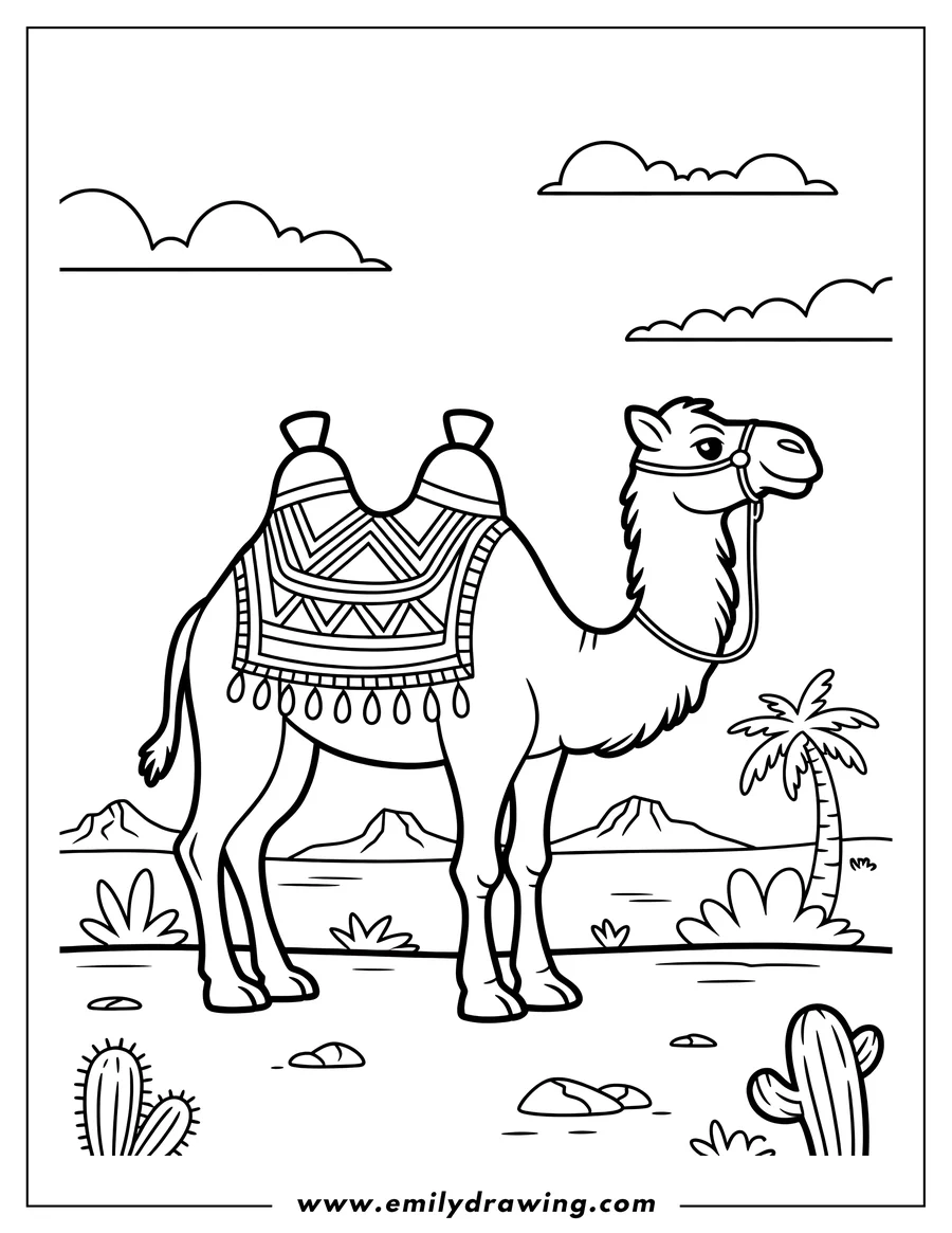 Line art of a camel standing in a desert landscape with cacti, a palm tree, and mountains in the background.