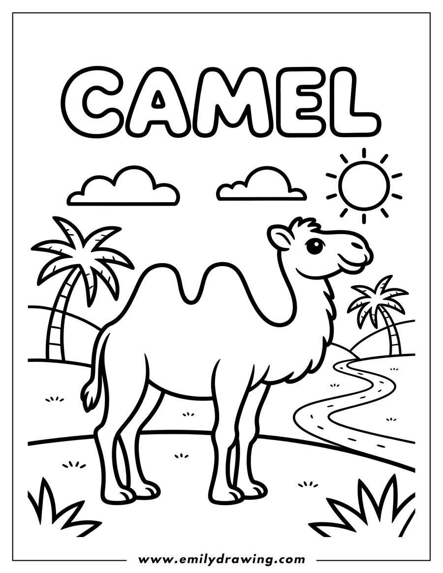 Outline of a camel standing near a desert oasis with palm trees, a winding road, and a shining sun.