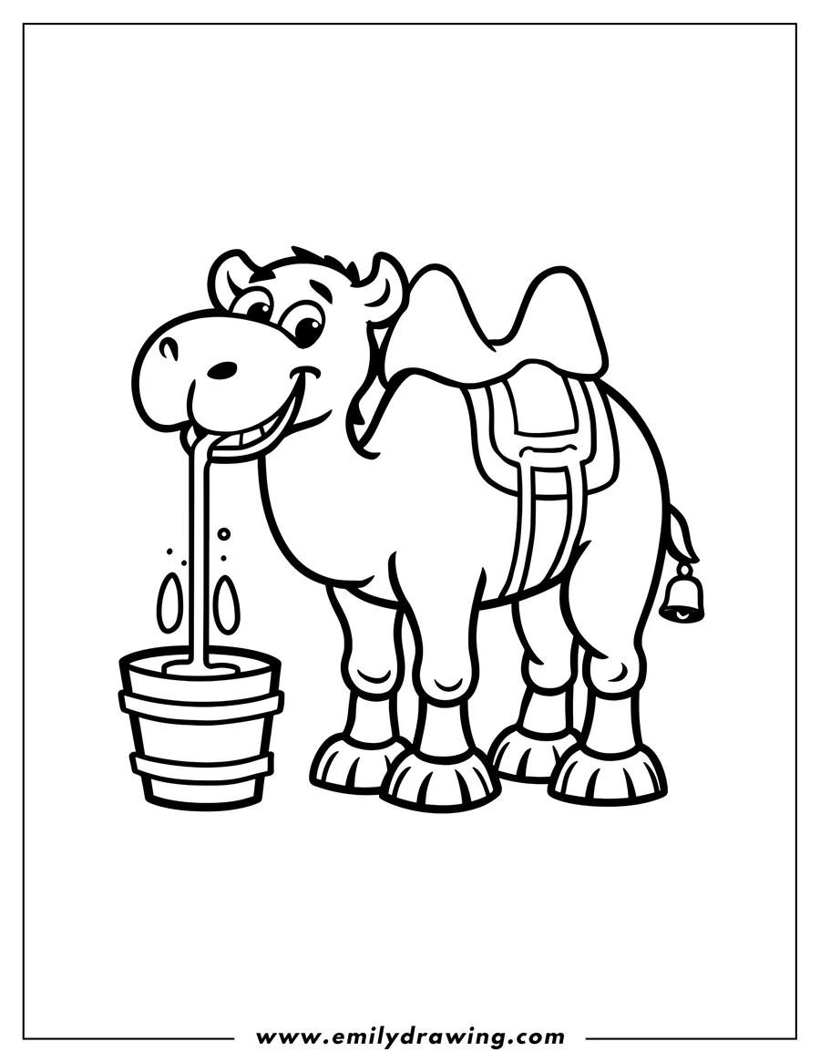 Line art of a thirsty camel with a saddle drinking from a bucket. A bell hangs from the saddle.
