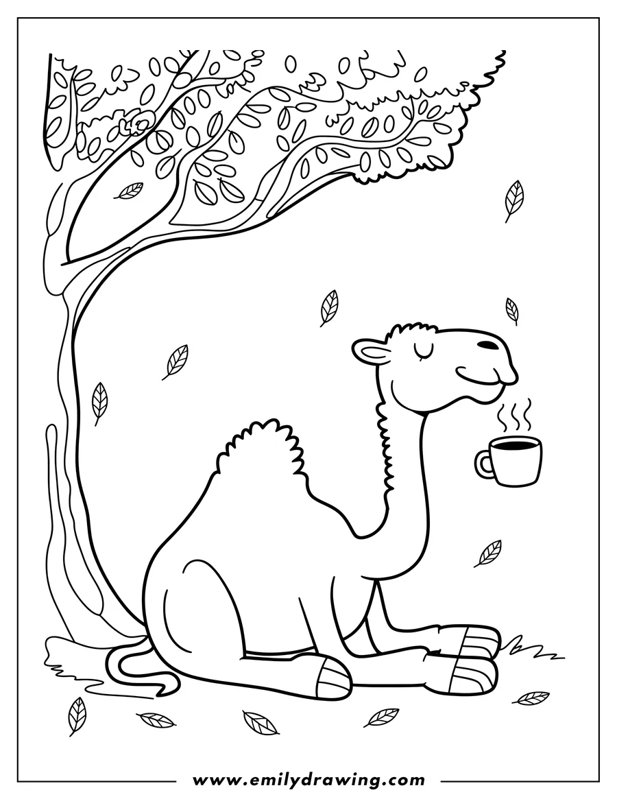 Line art of a camel relaxing under a tree, enjoying a cup of steaming tea. Leaves are gently falling around it.