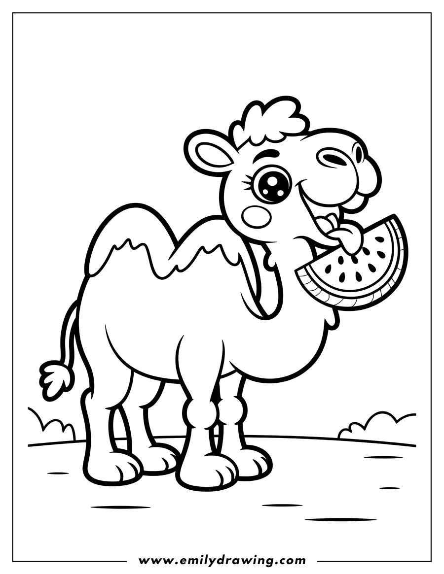 Outline of a happy camel eating a slice of watermelon.