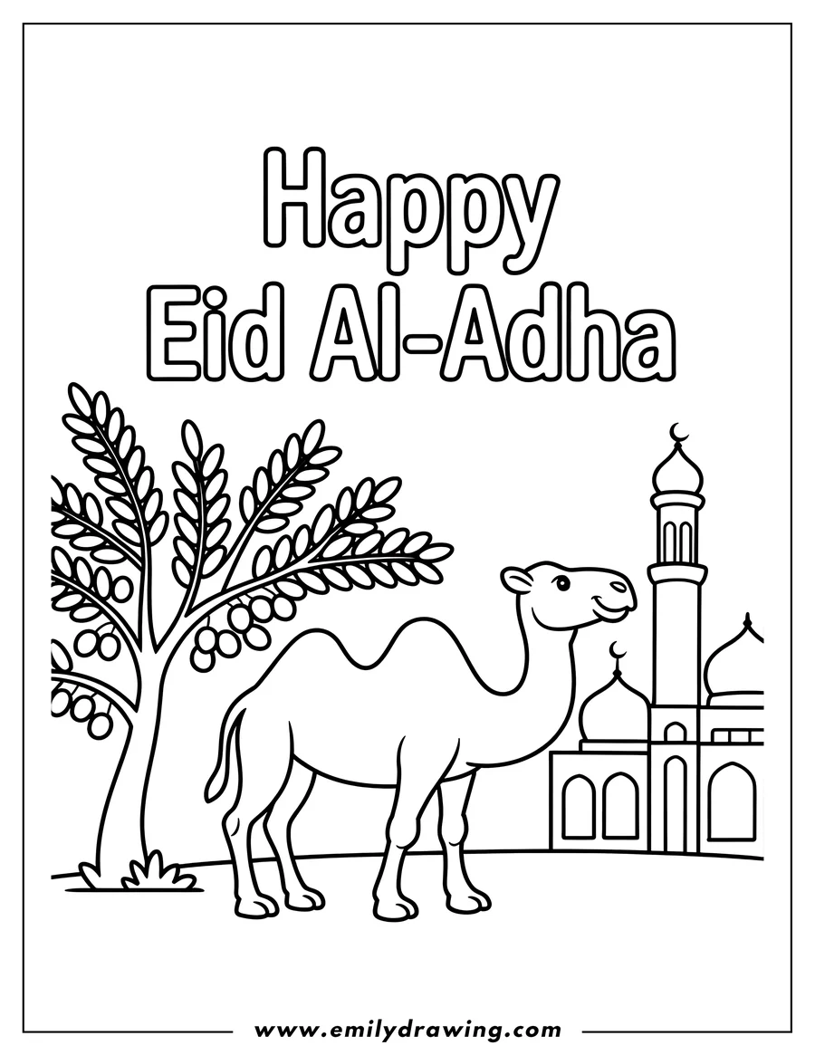 Line art of a camel standing near a mosque with a date tree for Eid Al-Adha.