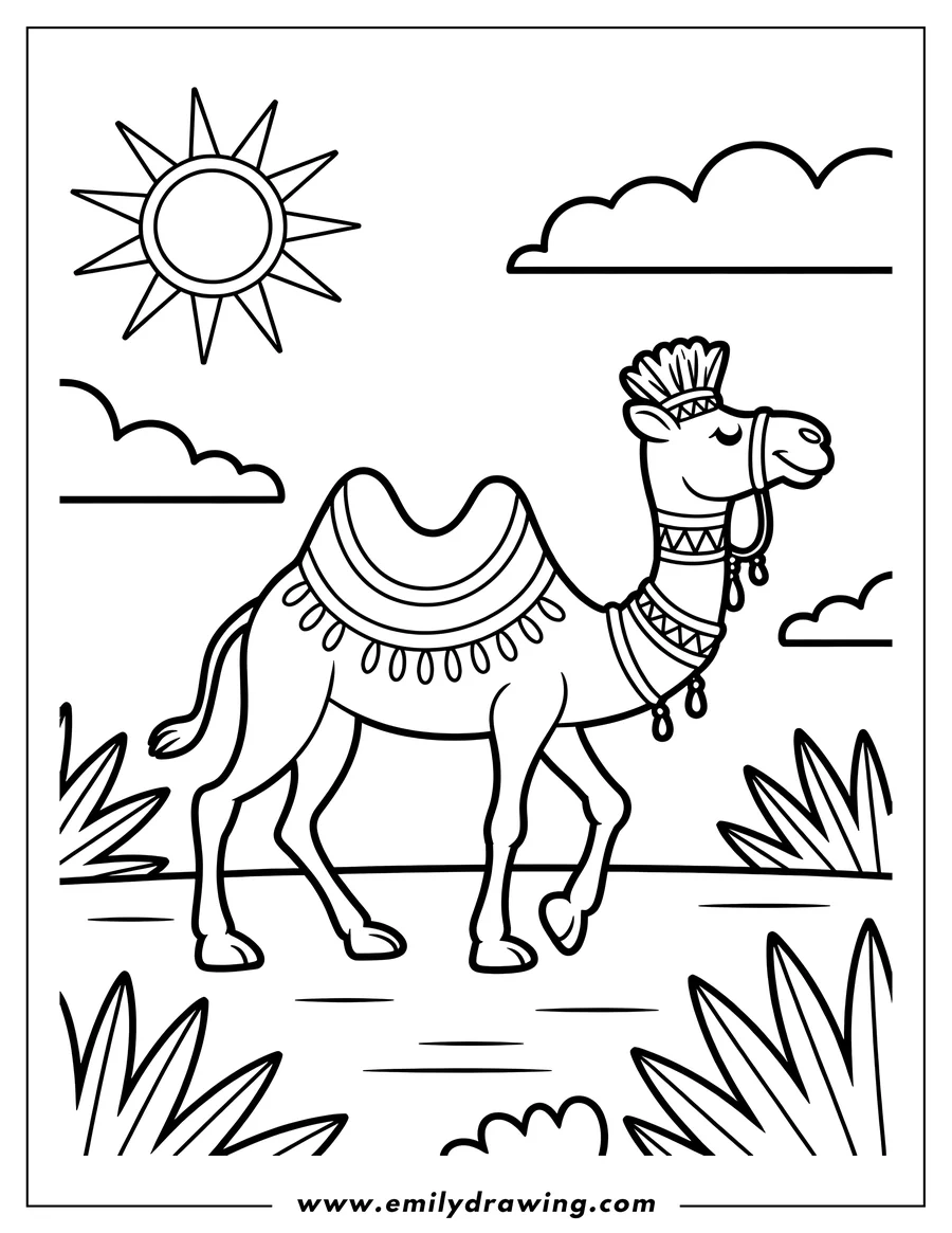 Line art of a camel wearing decorative blanket and headwear, standing in a desert landscape with sun, clouds, and plants.