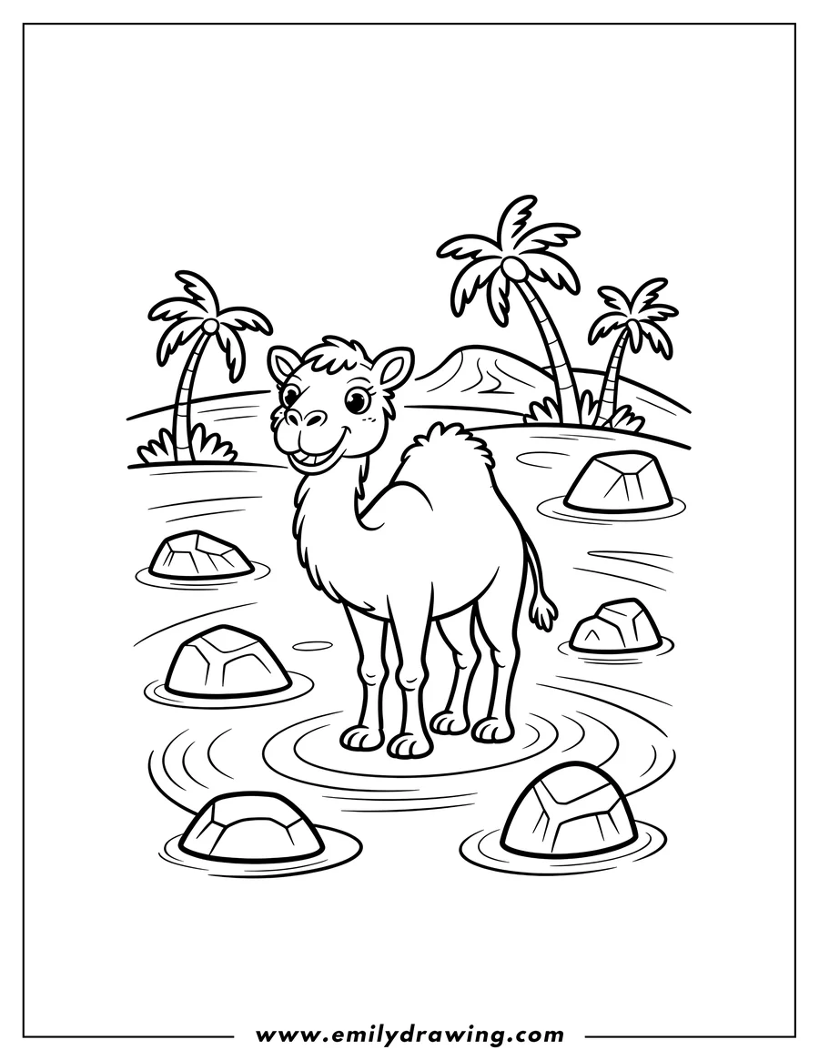 Outline of a camel standing in an oasis with palm trees in the background.
