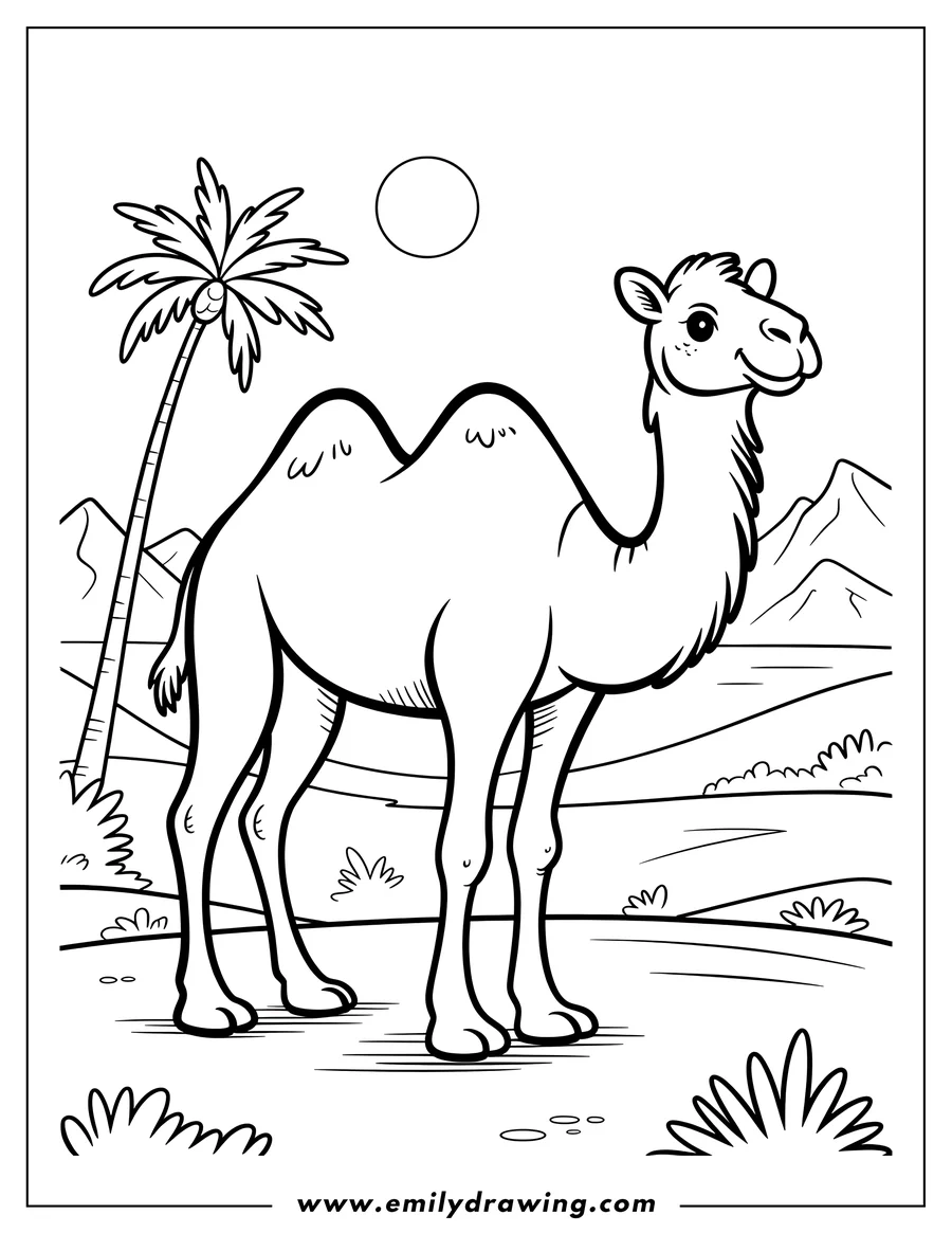 Outline of a camel standing near a palm tree in a desert landscape.