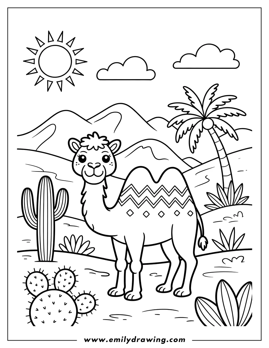 Line art of a camel standing near a palm tree in a desert setting. Cacti and desert plants are also visible under the sunny sky.