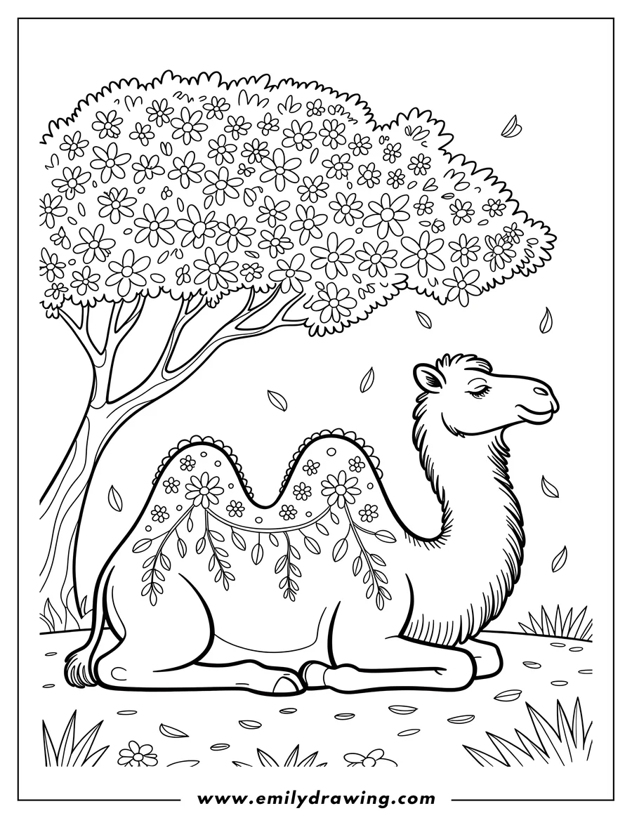 Outline of a camel resting beneath a flowering tree. The camel's humps are decorated with floral patterns.