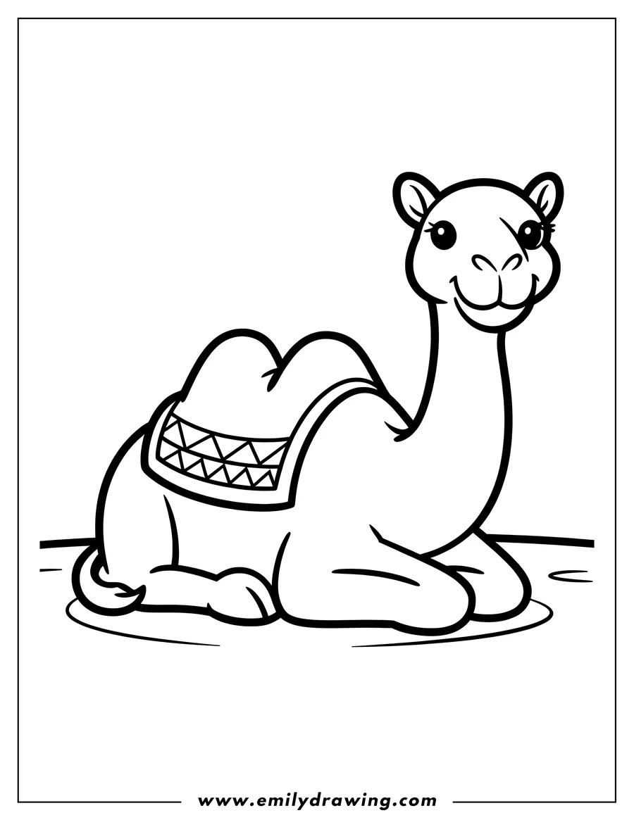 Outline of a camel sitting down with a blanket on its back.