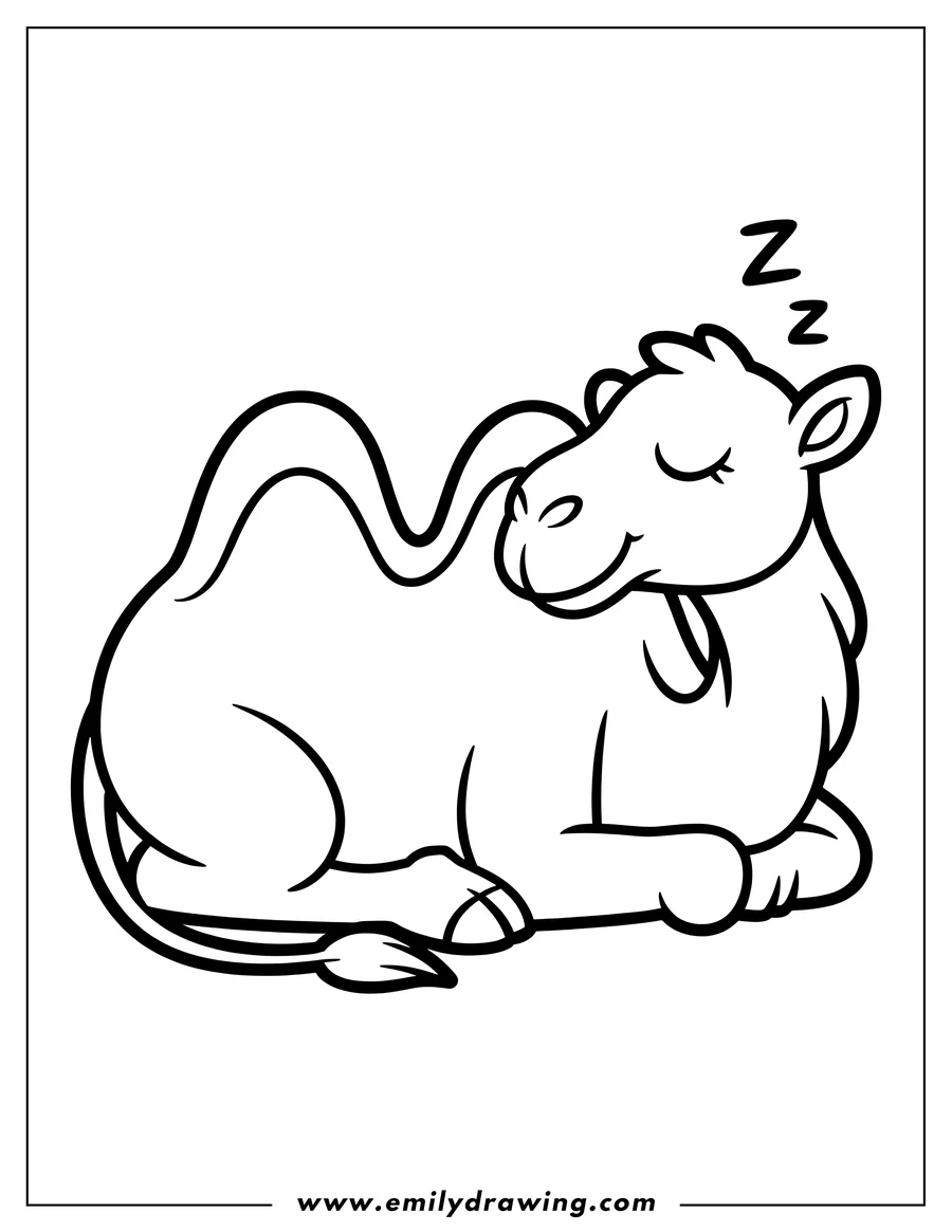 Line art of a sleeping camel.