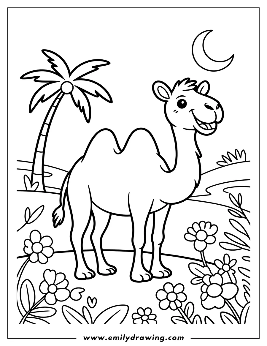 Line art of a camel standing near a palm tree under a crescent moon. Flowers and desert plants are also visible.