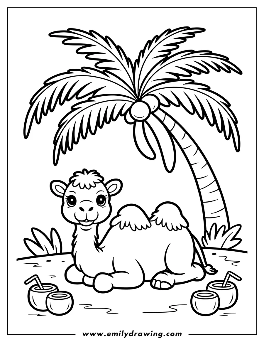 Outline of a camel sitting under a palm tree with two coconut drinks beside it.