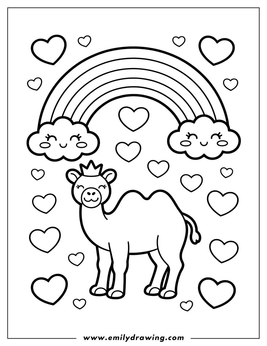 Outline of a camel wearing a crown standing beneath a rainbow with smiling clouds on either side and hearts scattered around.