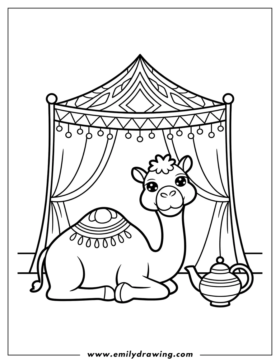 Outline of a camel sitting under a decorative tent with a teapot nearby.