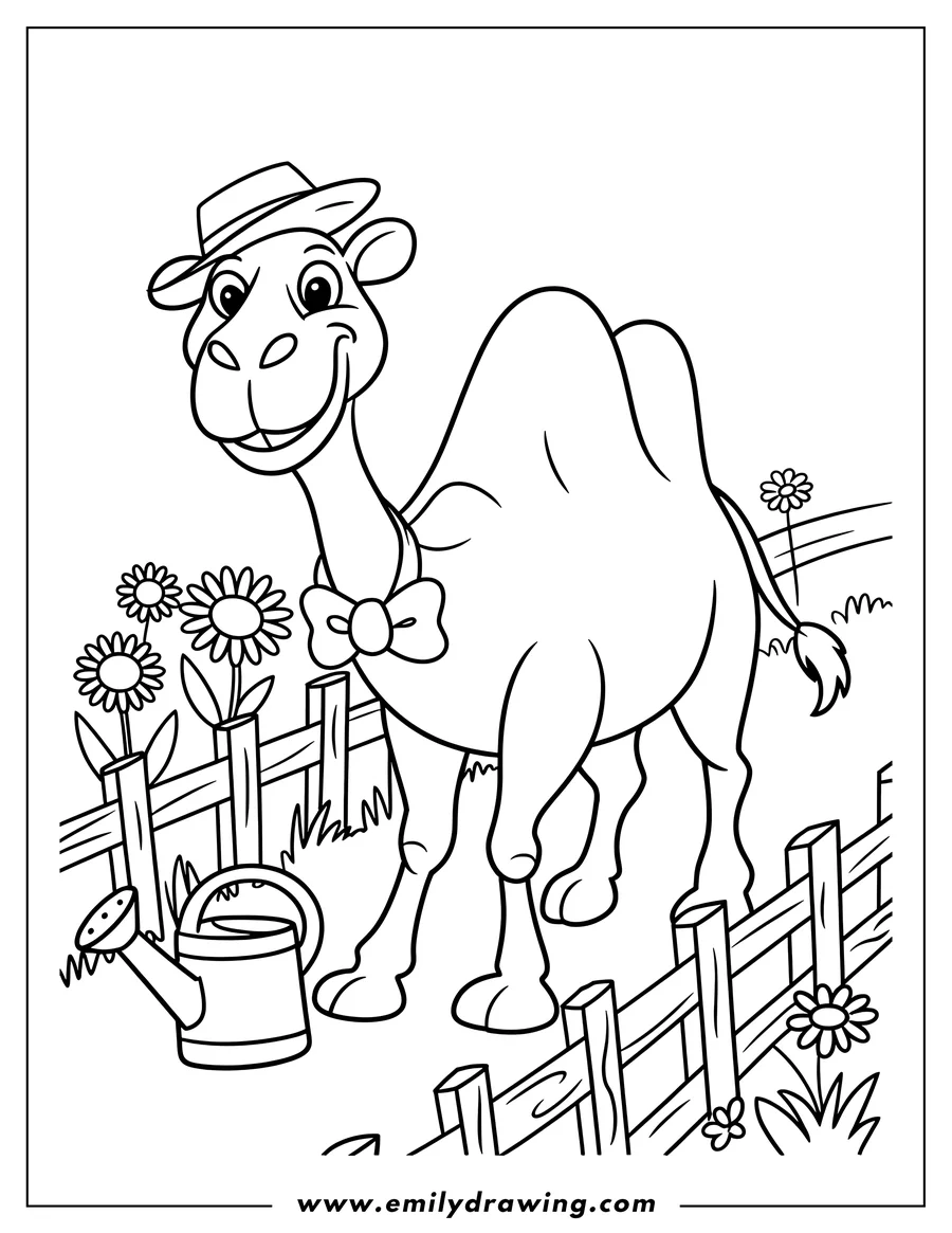 Line art of a camel wearing a hat and bow tie, standing near a watering can and a wooden fence with flowers.