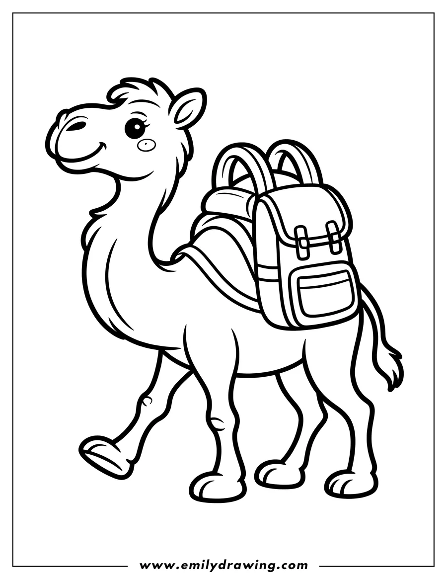 Line art of a camel with a backpack, ready for an adventure.
