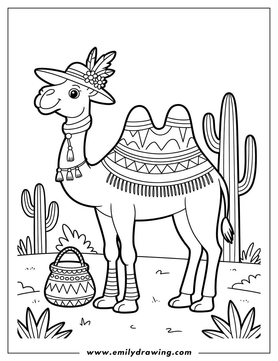 Outline of a camel wearing a decorated hat and blanket, standing near a patterned basket in a desert setting with cacti.