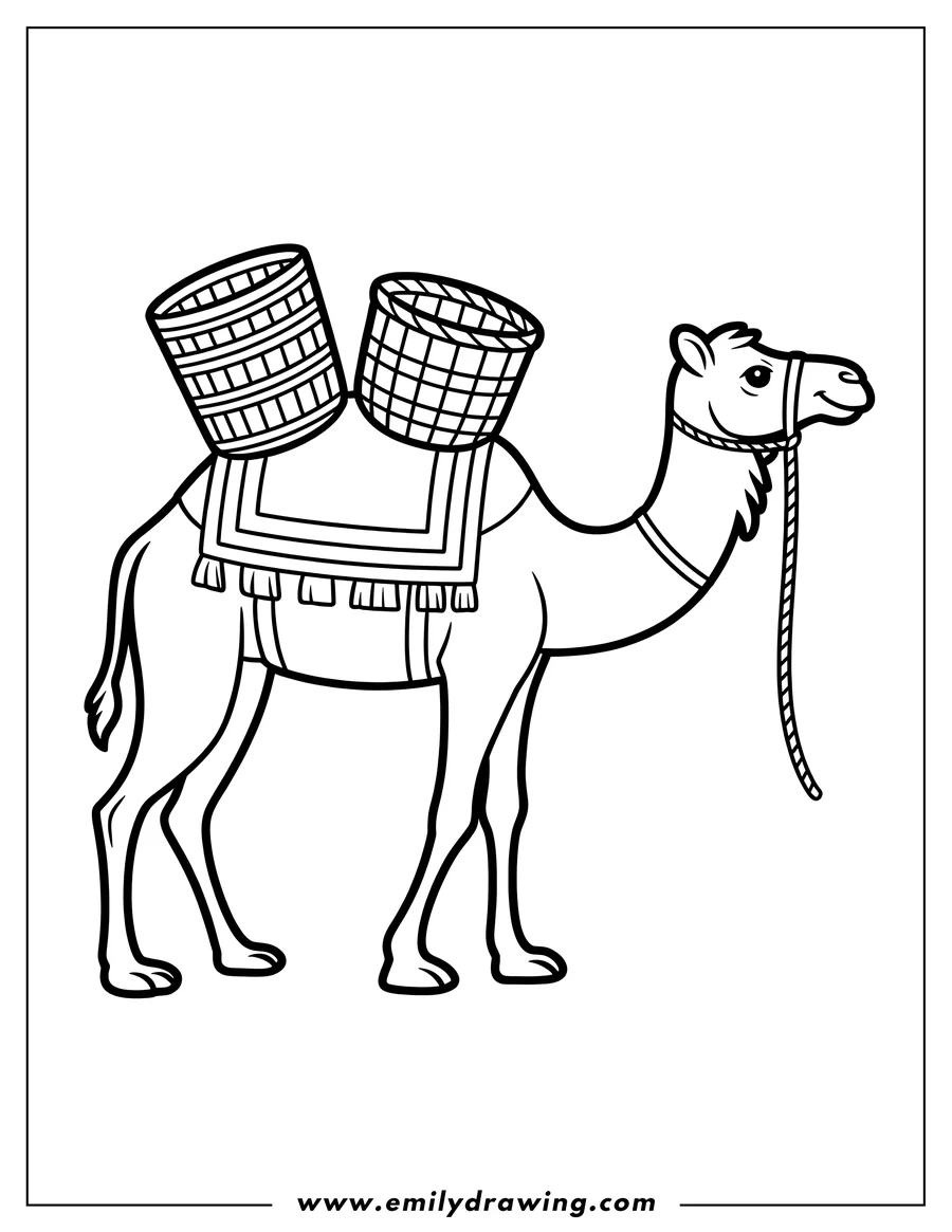 Line art of a camel wearing a blanket and carrying two baskets on its back. It has a rope halter and looks ready for a journey.