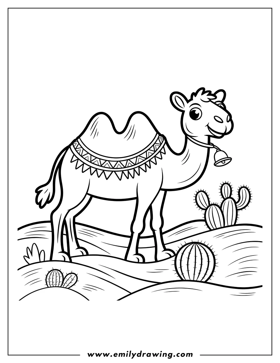 Line art of a camel wearing a patterned blanket and bell, standing in a desert landscape with cacti.