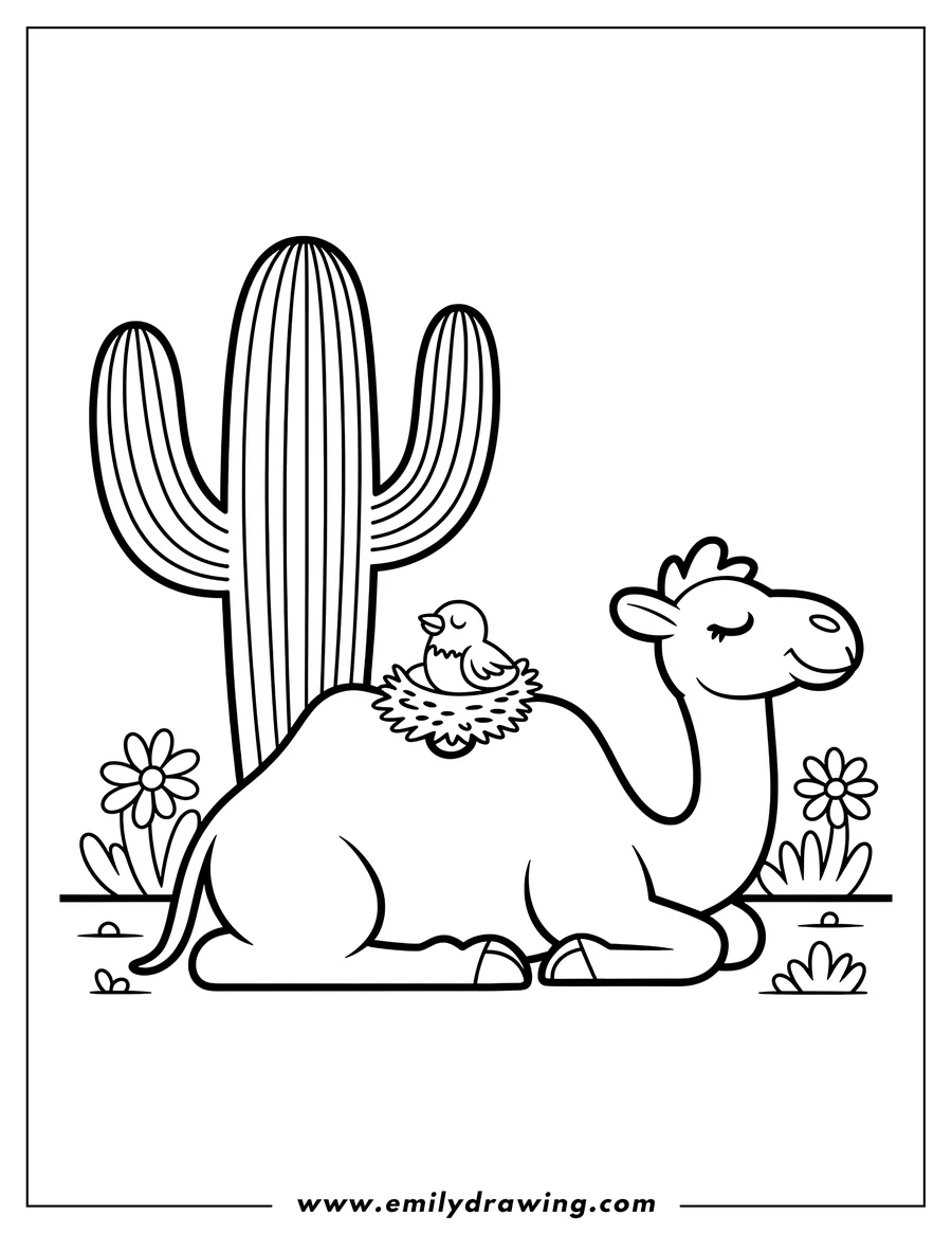 Line art of a camel resting with a bird and its nest on the camel's hump. A cactus and desert flowers are also present in the scene.