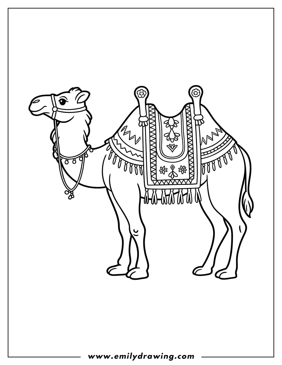 Line art of a camel wearing a decorative blanket with tassels and floral patterns. It has a bridle and reins, ready for a ride.