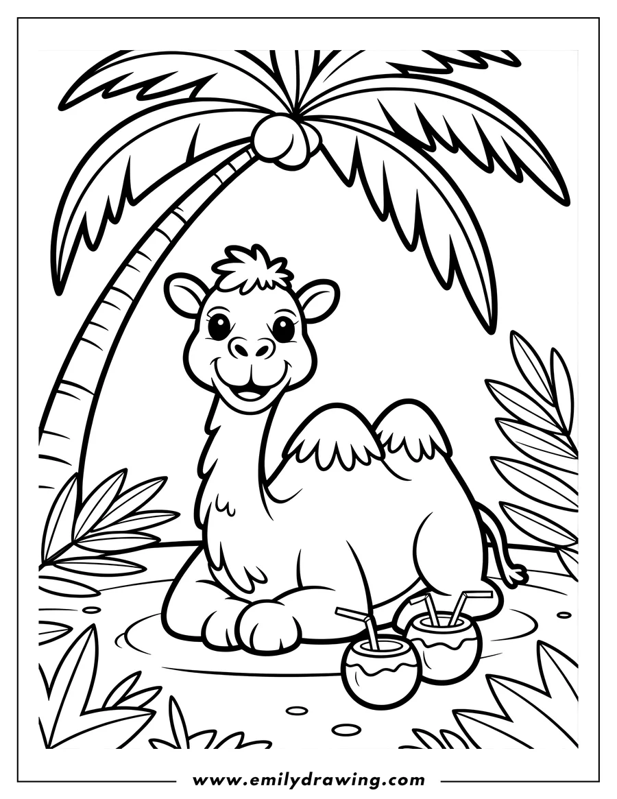 Line art of a camel sitting under a palm tree with two coconut drinks and straws. Tropical plants and leaves are visible around the camel.