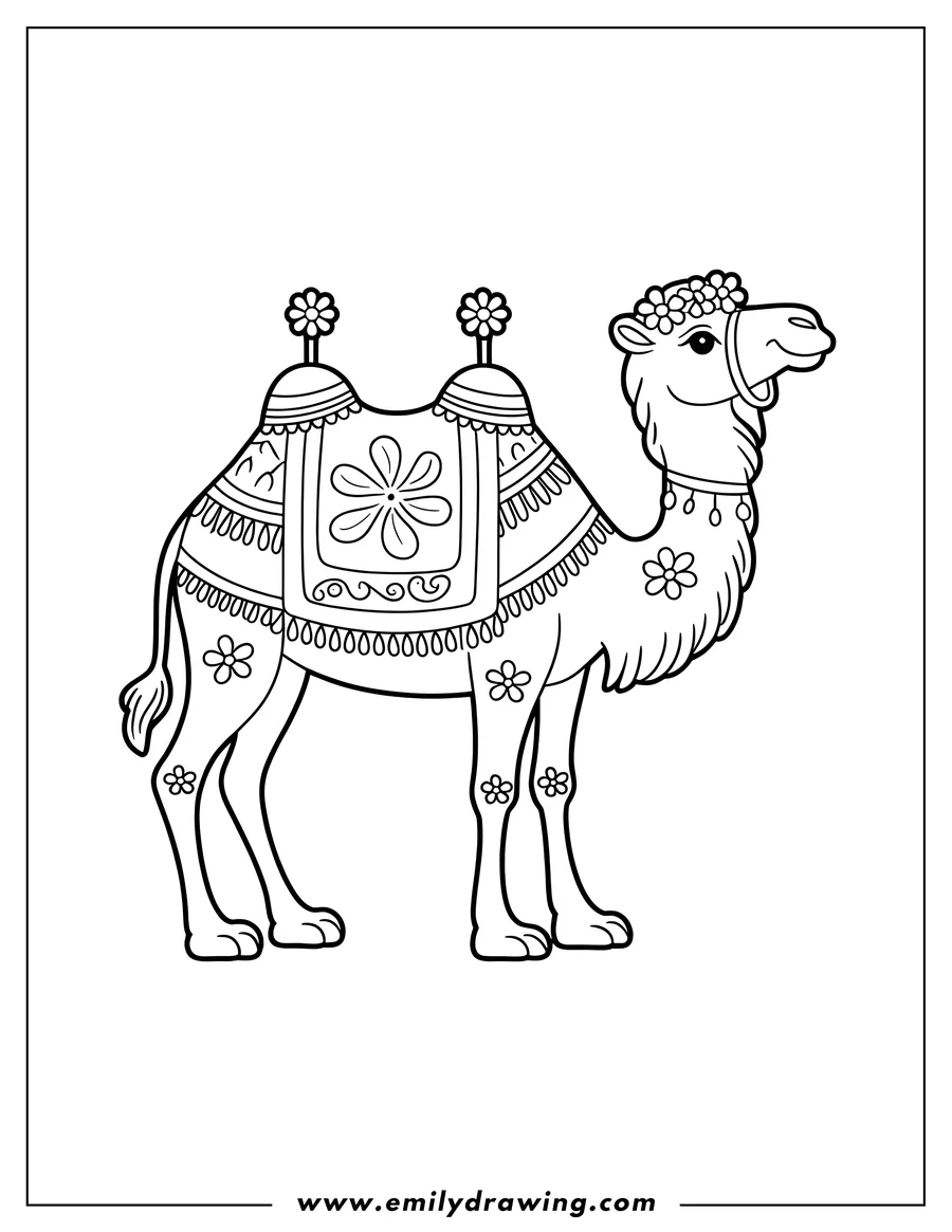 Outline of a camel wearing a decorated saddle and flower crown.