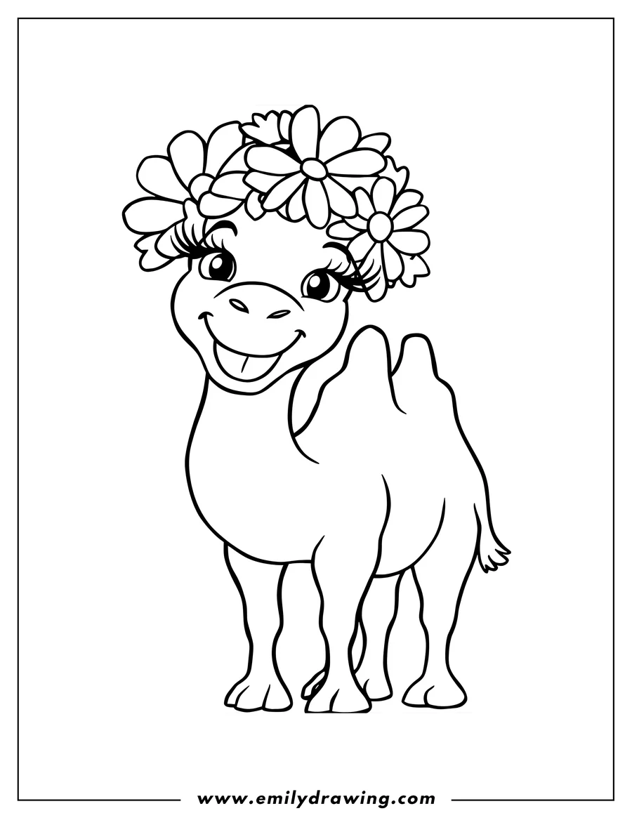 Outline of a camel wearing a crown of flowers. It's smiling happily.