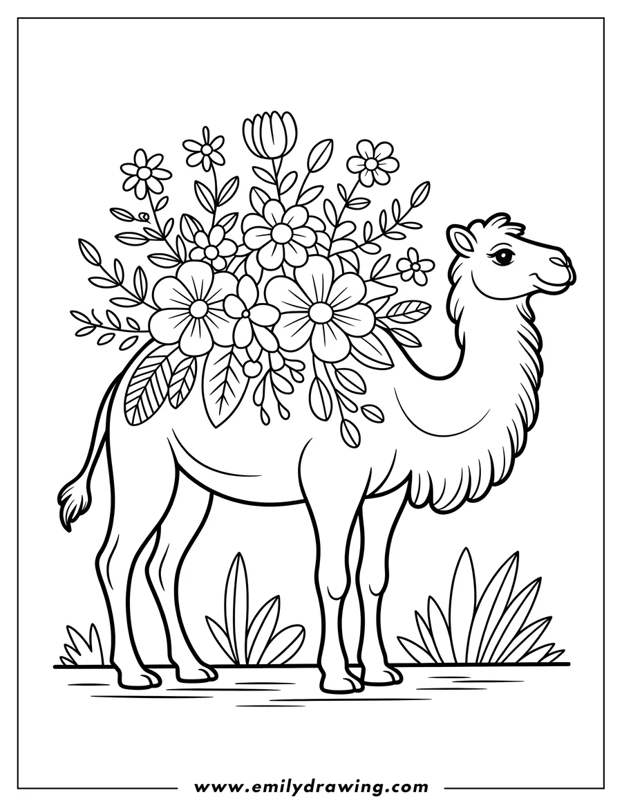 Outline of a camel carrying a bouquet of flowers on its back.