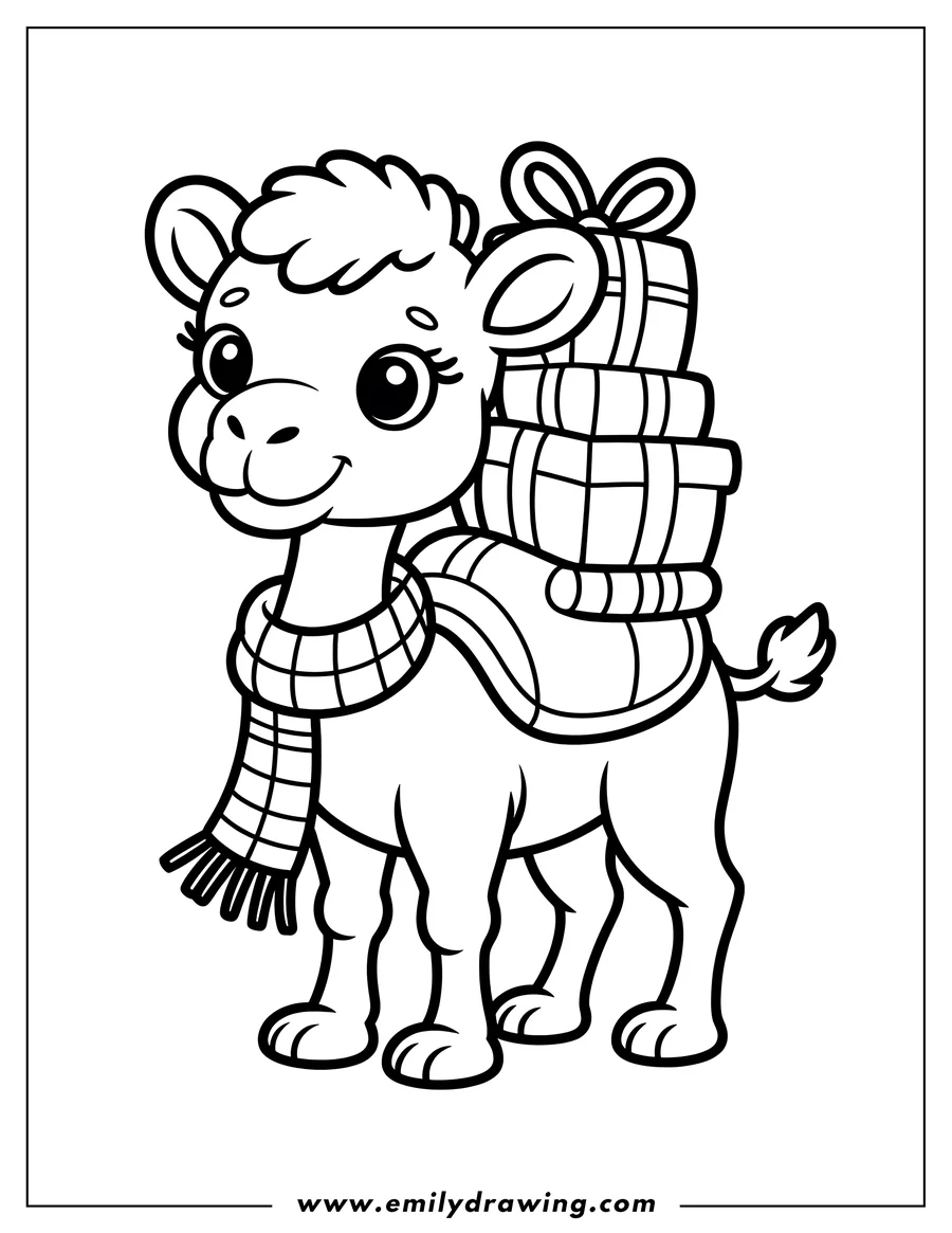 Line art of a camel wearing a checkered scarf and carrying a stack of presents on its back.