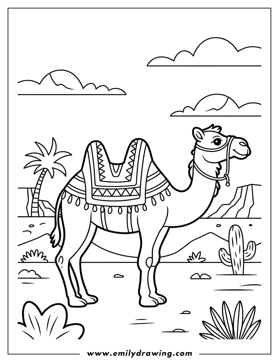 Line art of a camel wearing a decorative saddle in a desert setting with a palm tree and cactus.