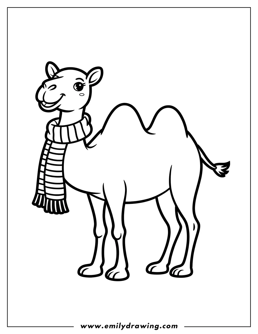 Line art of a camel wearing a striped scarf.