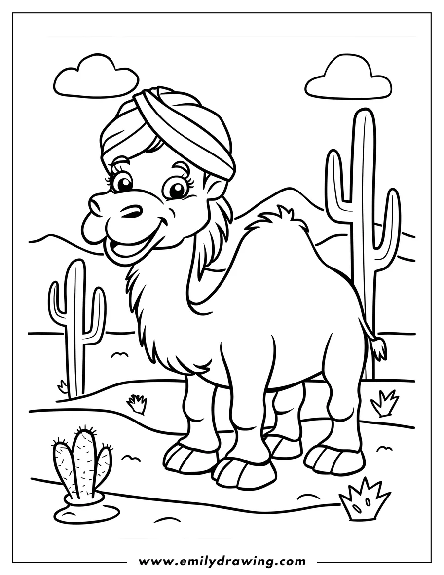 Line art of a friendly camel wearing a turban in a desert setting, with cacti and clouds in the background.