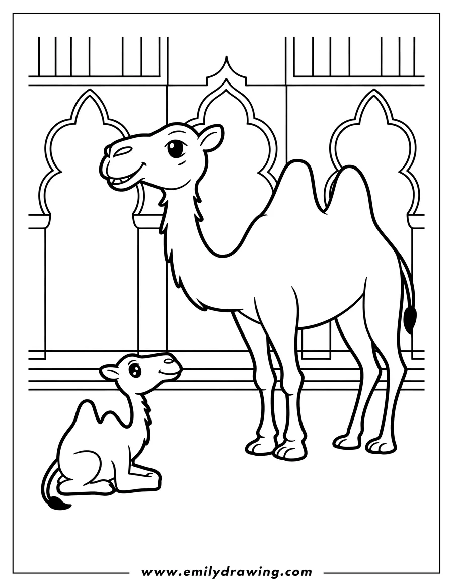 Outline of two camels, one large and one small, standing near a decorative building.
