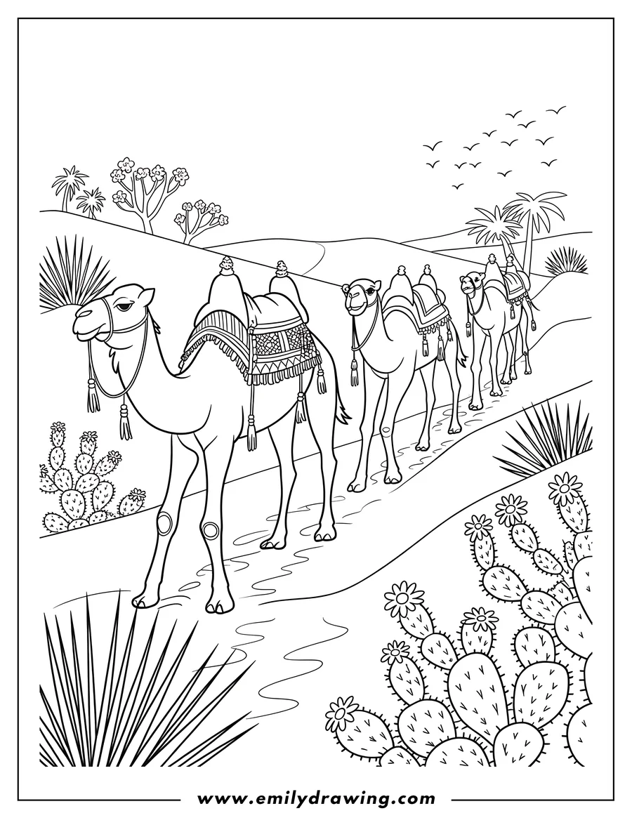Line art of four camels walking in a line through the desert. There are cacti, desert plants, and palm trees.