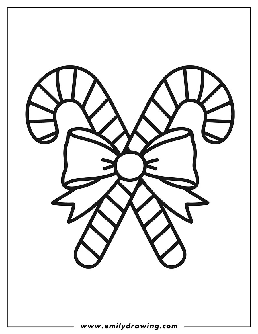 Line art of two candy canes crossed and tied with a bow.