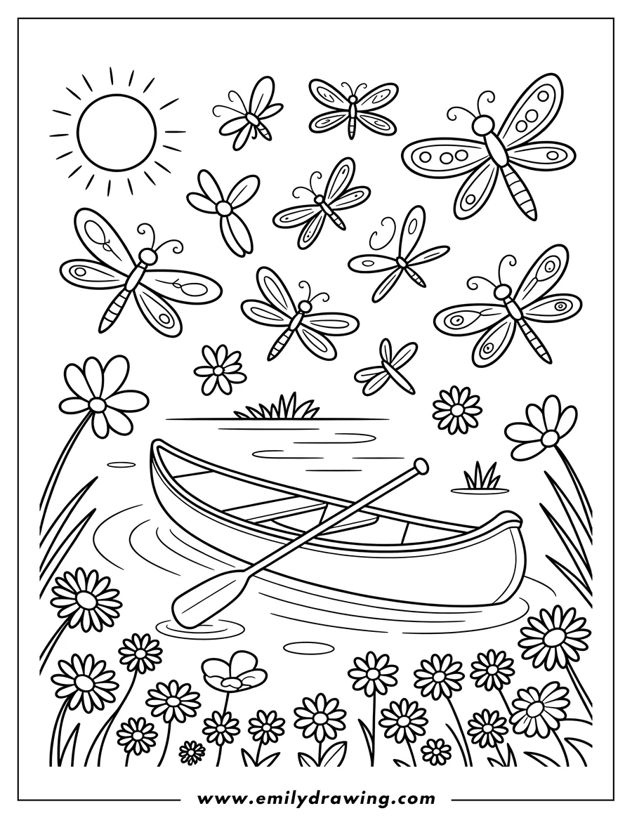 Outline of a canoe with a paddle on a lake, with dragonflies overhead and flowers along the banks.