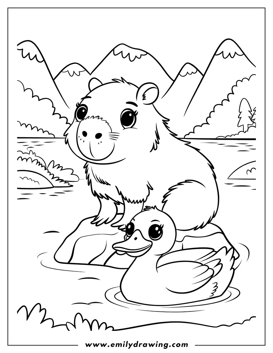 Outline of a capybara and a duck sitting together on a rock by a lake with mountains in the background.