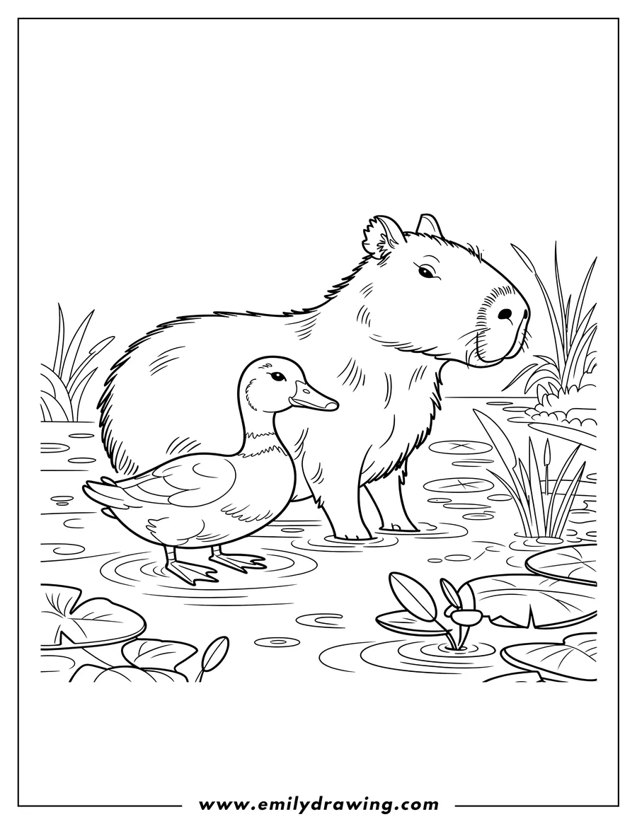 Outline of a capybara and a duck standing in a pond with lily pads and reeds.