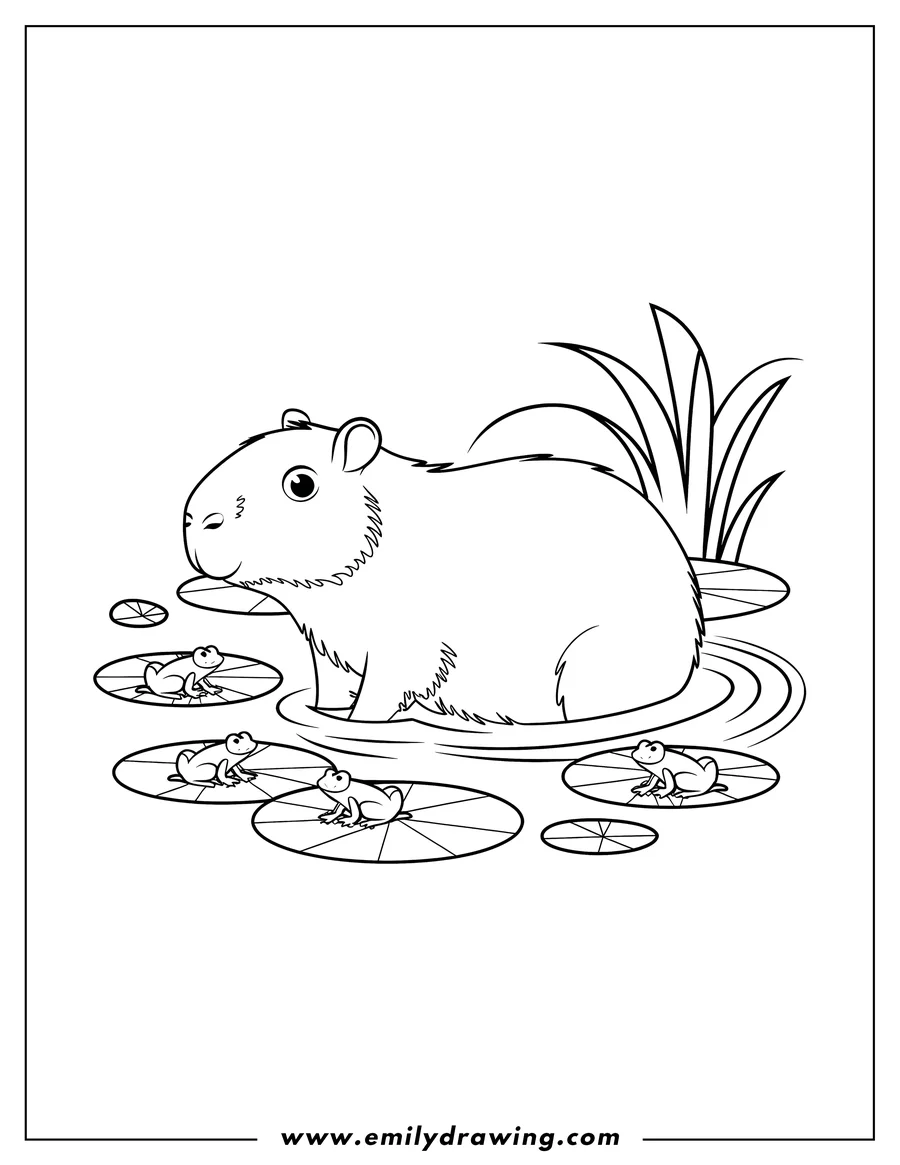 Outline of a capybara sitting in water surrounded by frogs on lily pads.